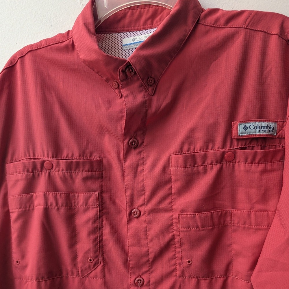 Columbia PFG Shirt Orange Red Short Sleeve Omni-Shade Ripstop Lg Tall Vented